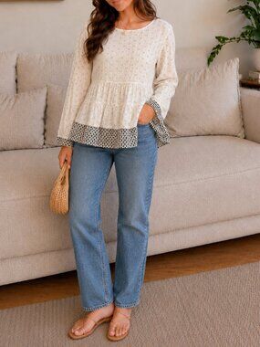 ba&sh Tavi Cream Black Print Cotton Peplum Tiered Long Sleeve Blouse Size 1 S